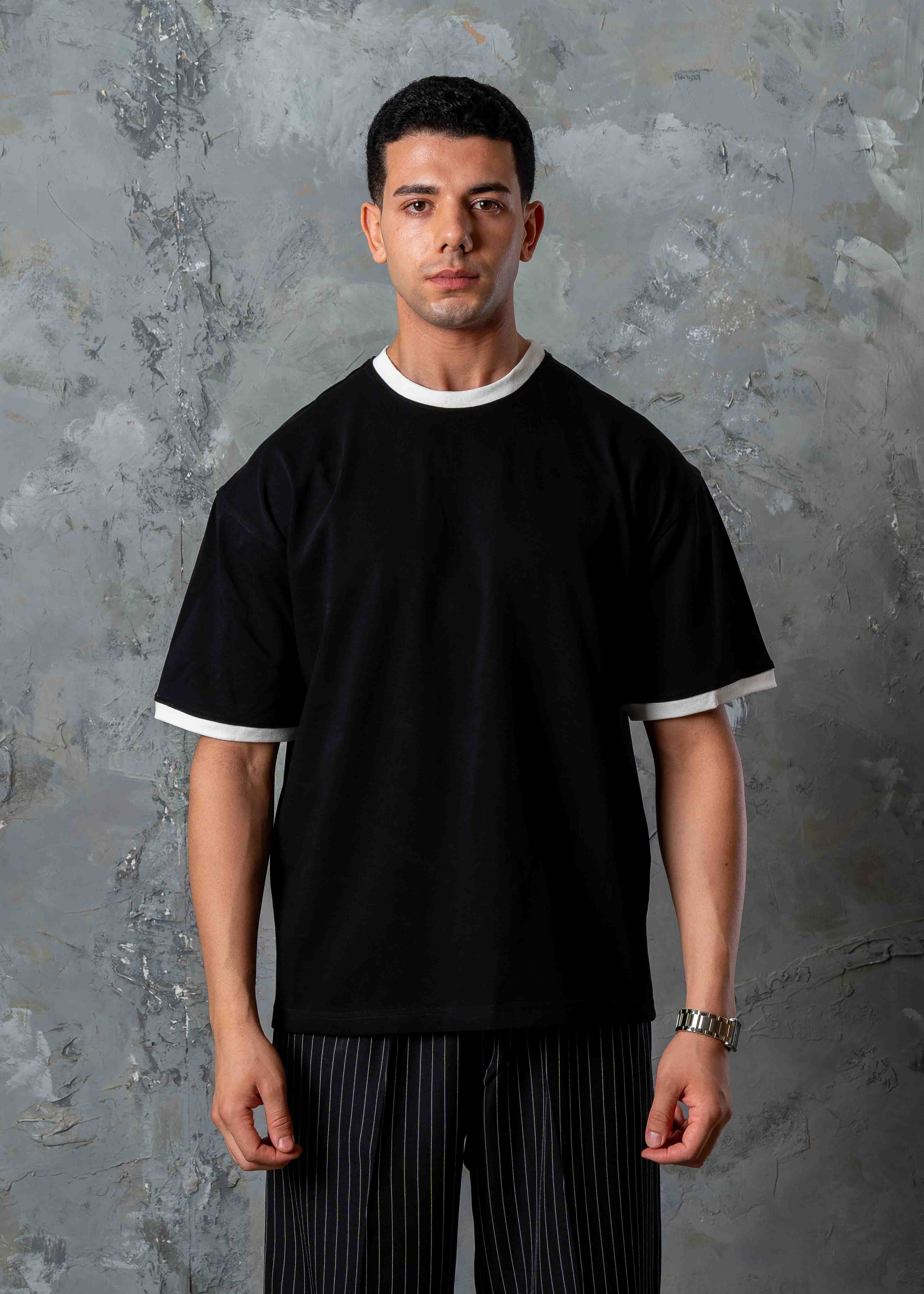 Oversized Contrast Trim Crewneck T-Shirt - black