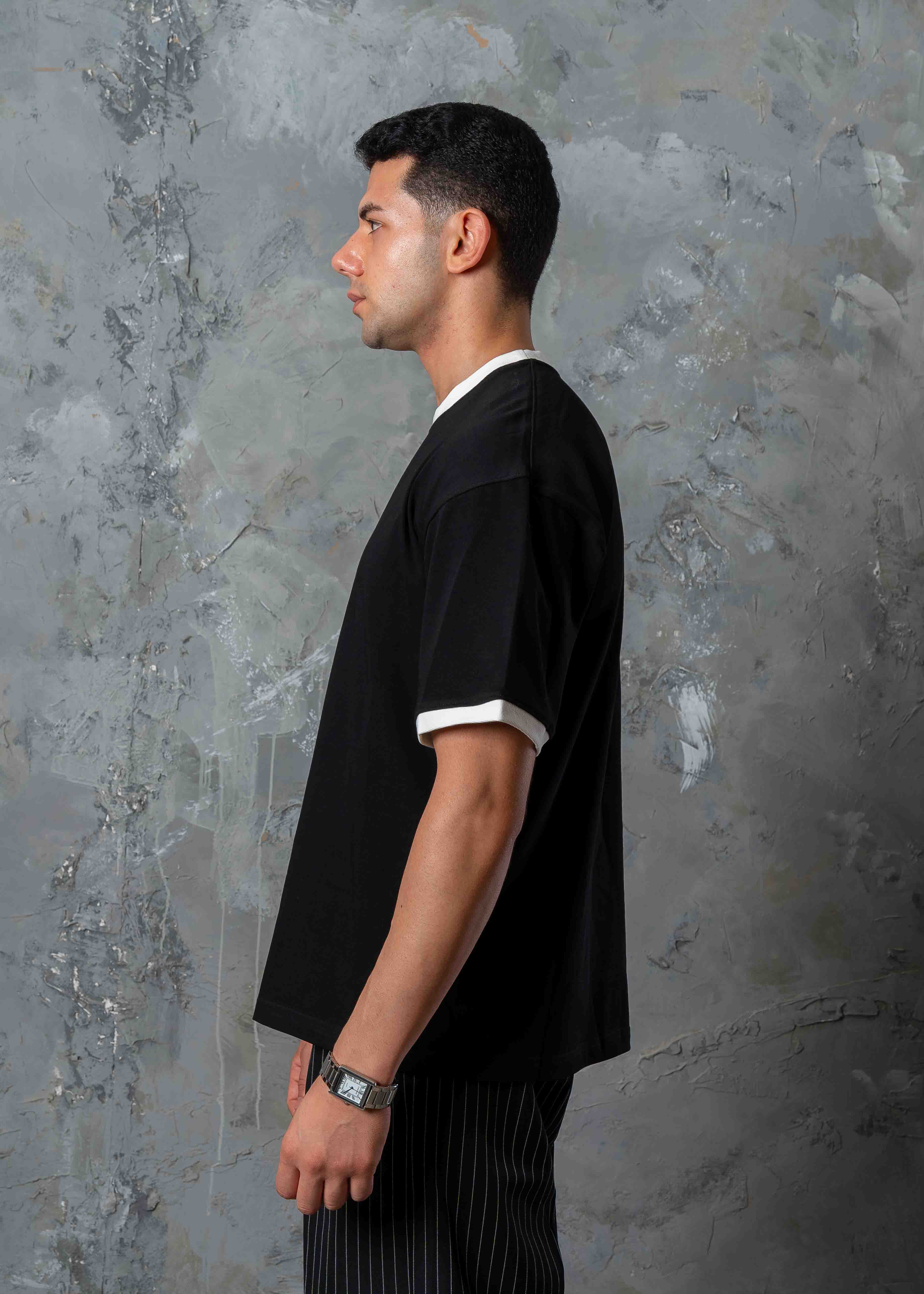 Oversized Contrast Trim Crewneck T-Shirt - black