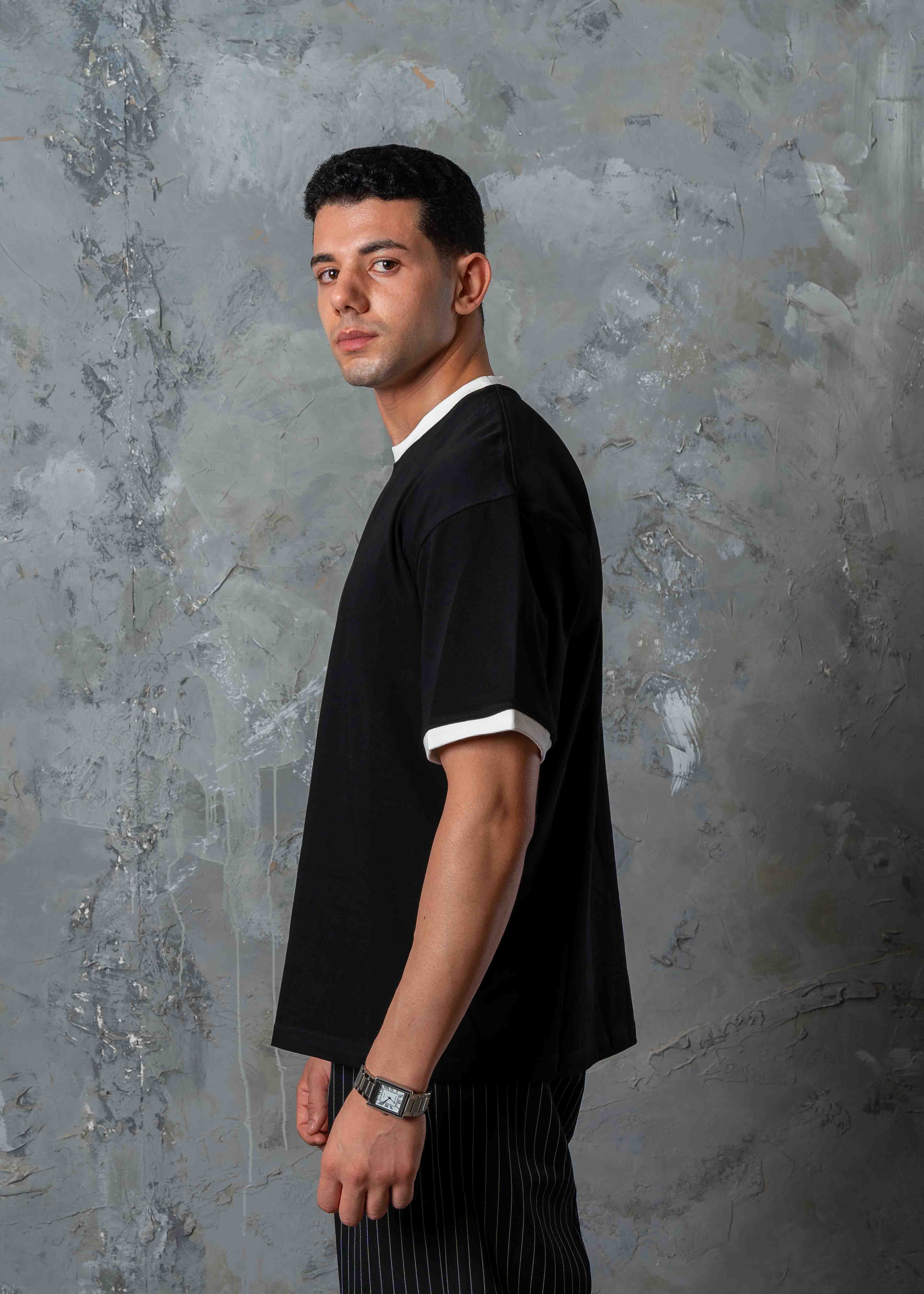 Oversized Contrast Trim Crewneck T-Shirt - black