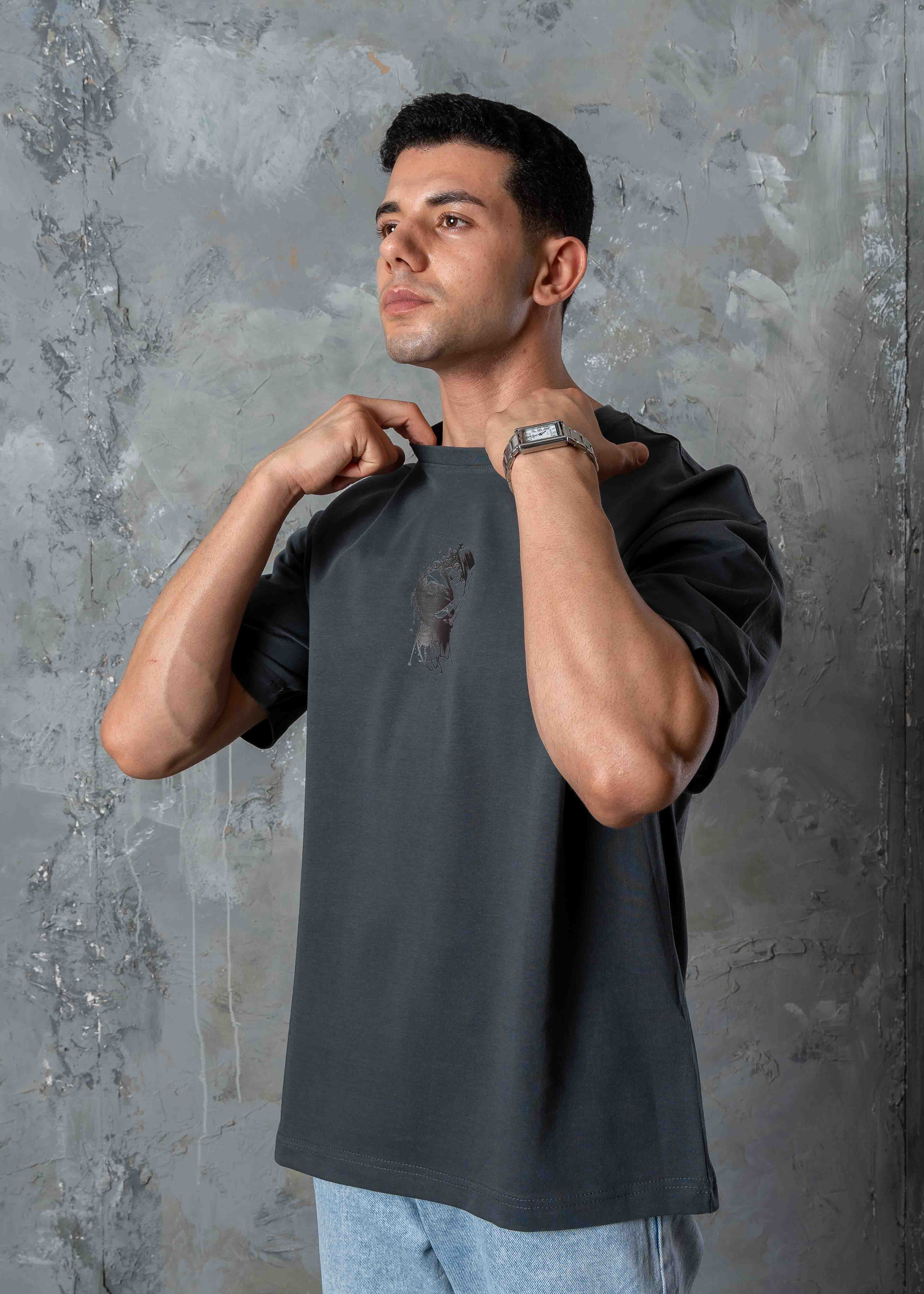Oversized Back Graphic Print T-Shirt - Dark Grey