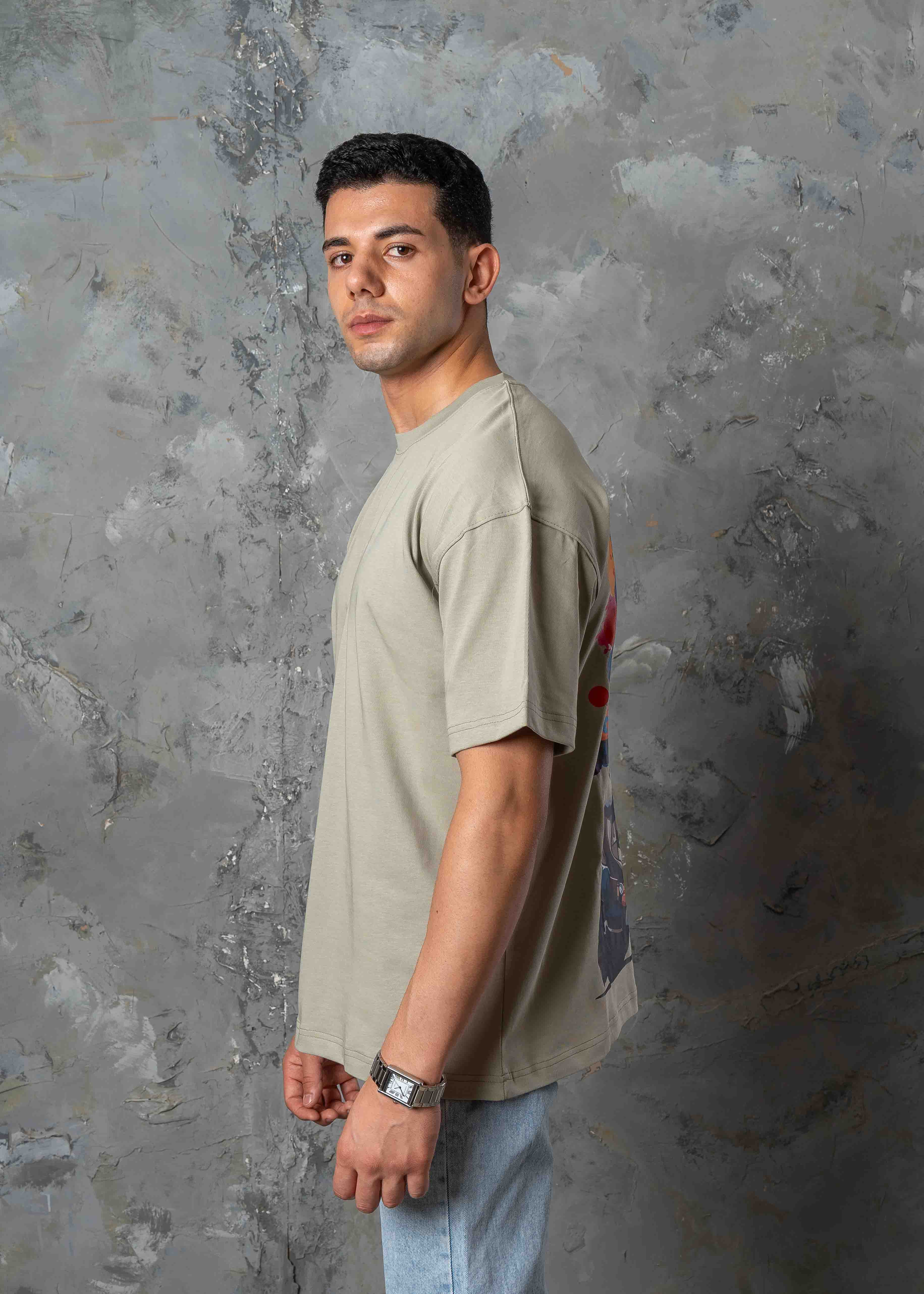 Oversized Back Graphic Print T-Shirt - Light Khaki