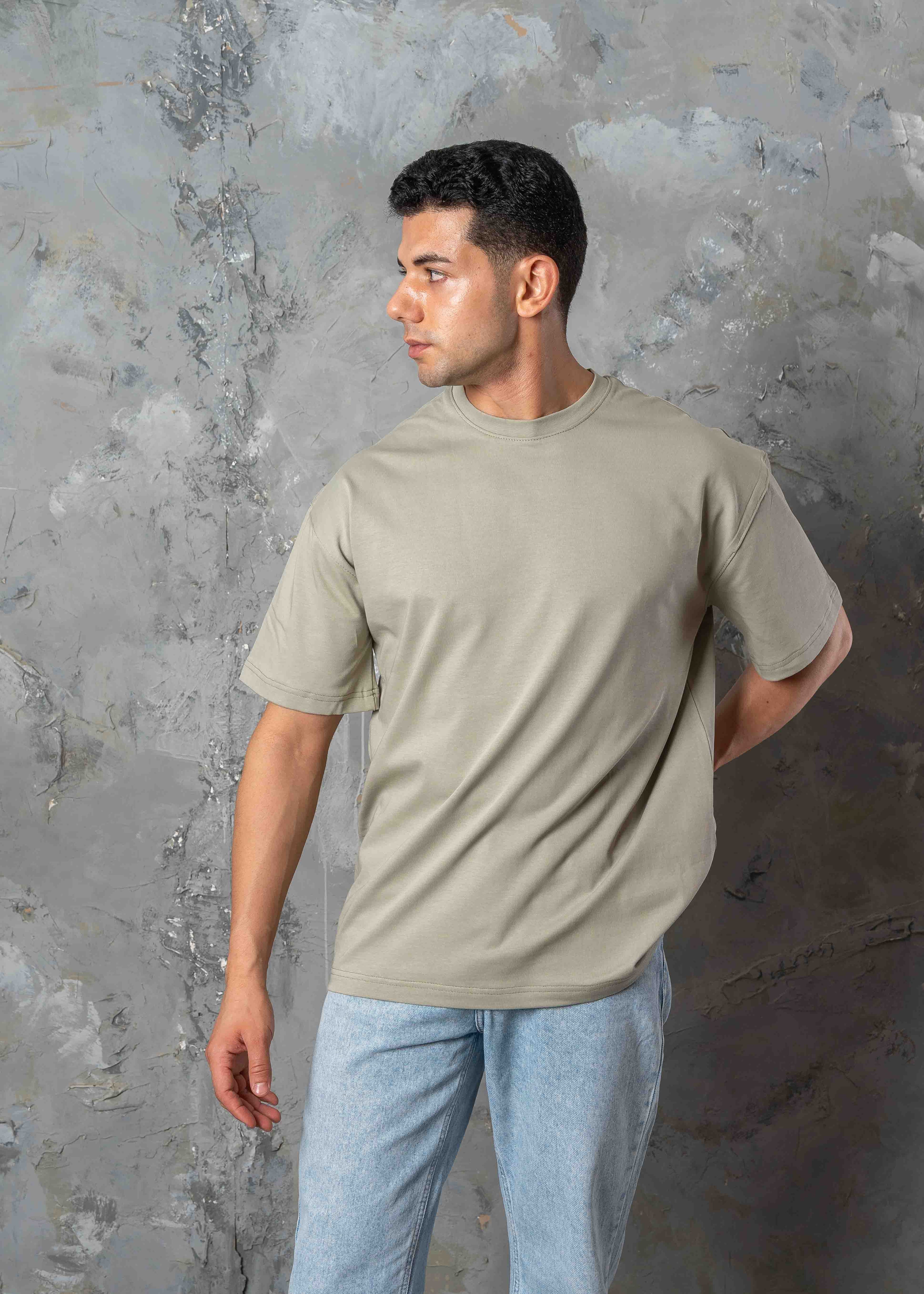 Oversized Back Graphic Print T-Shirt - Light Khaki