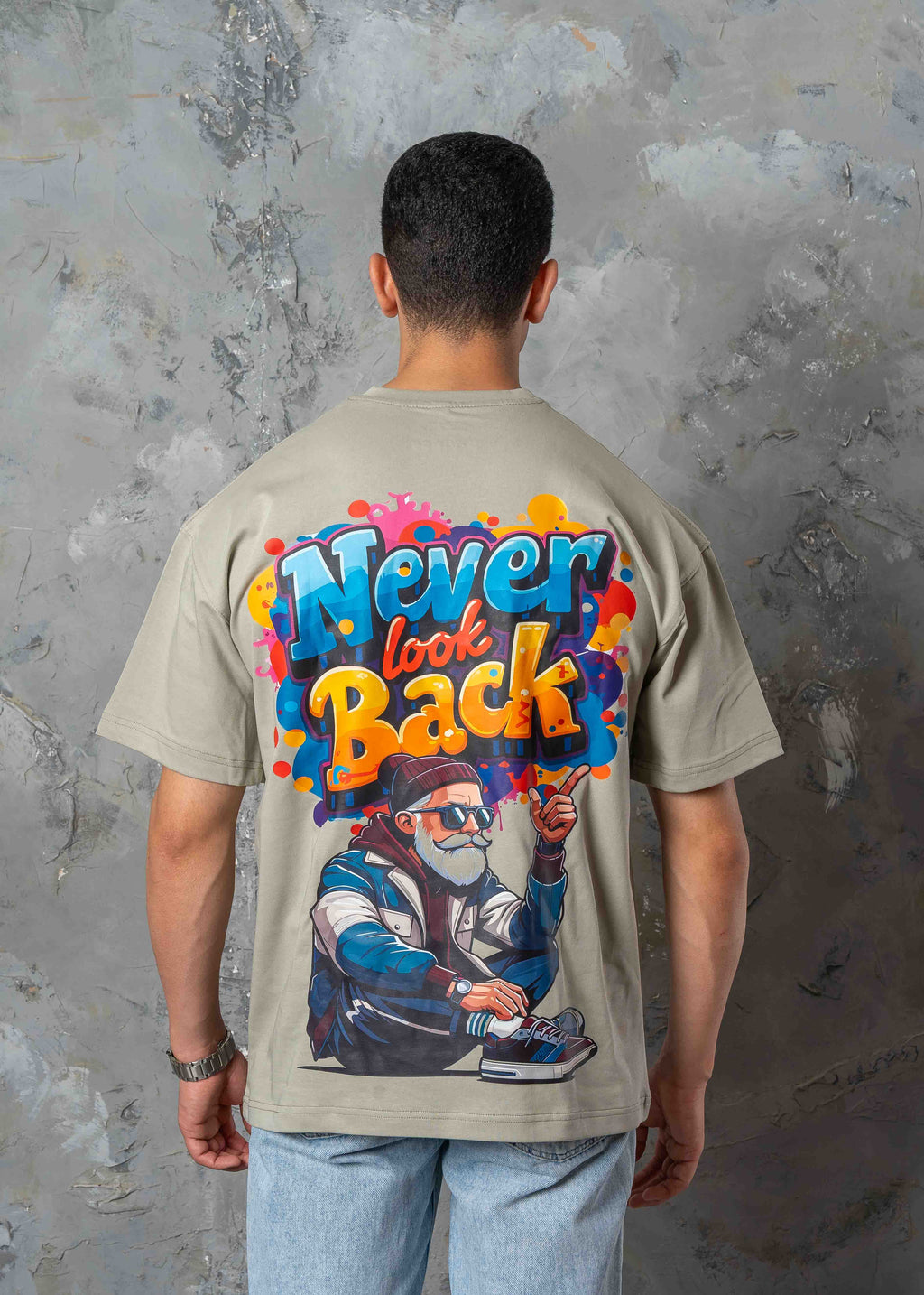 Oversized Back Graphic Print T-Shirt - Light Khaki
