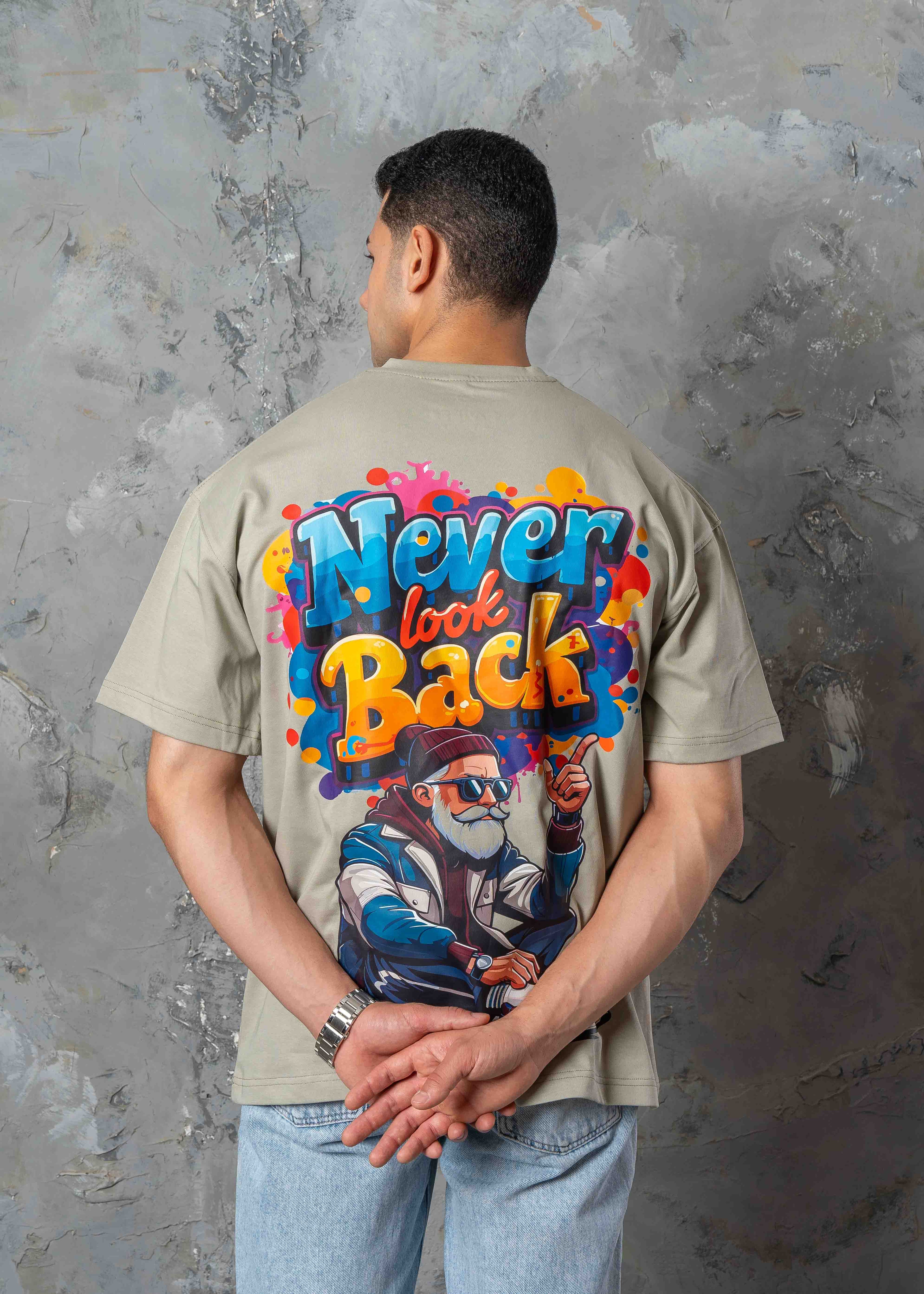 Oversized Back Graphic Print T-Shirt - Light Khaki