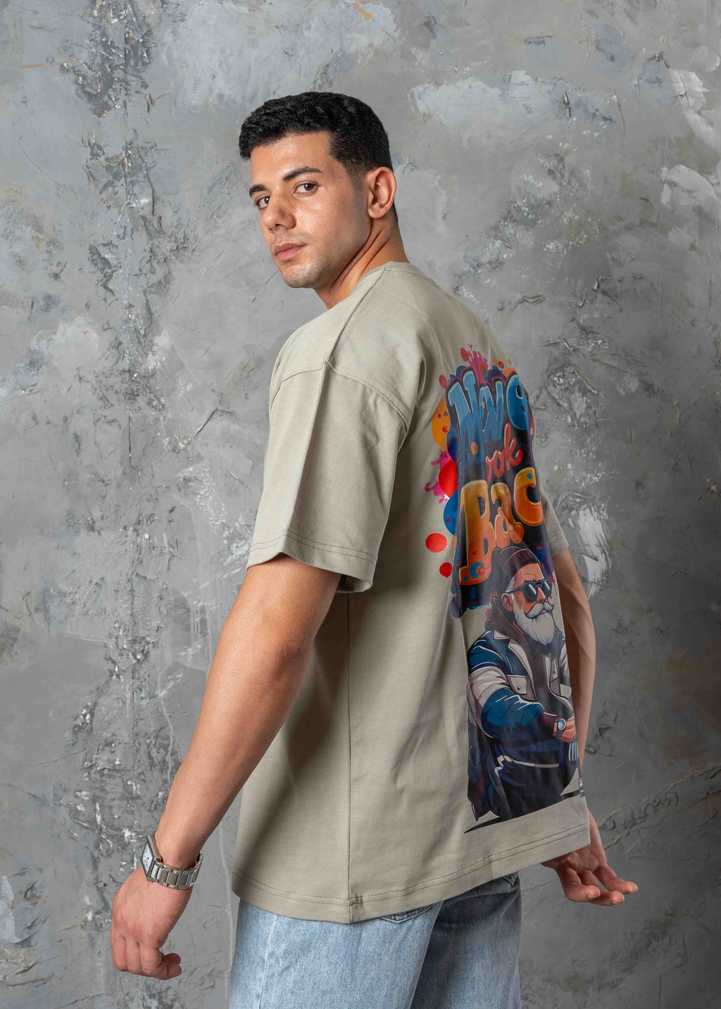 Oversized Back Graphic Print T-Shirt - Light Khaki