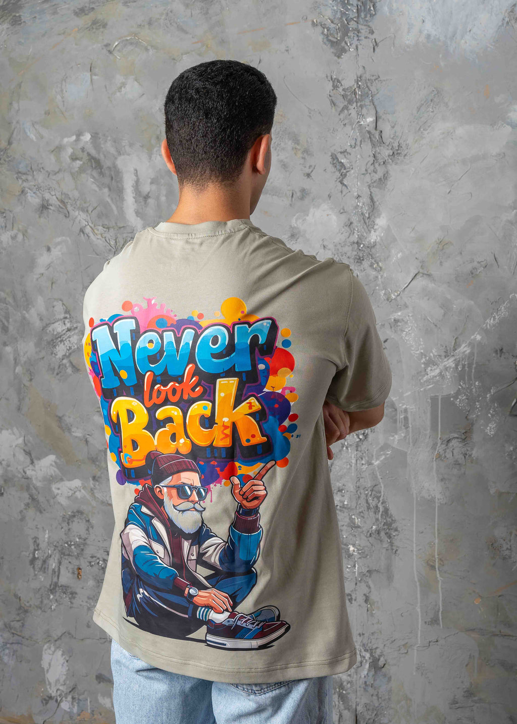 Oversized Back Graphic Print T-Shirt - Light Khaki