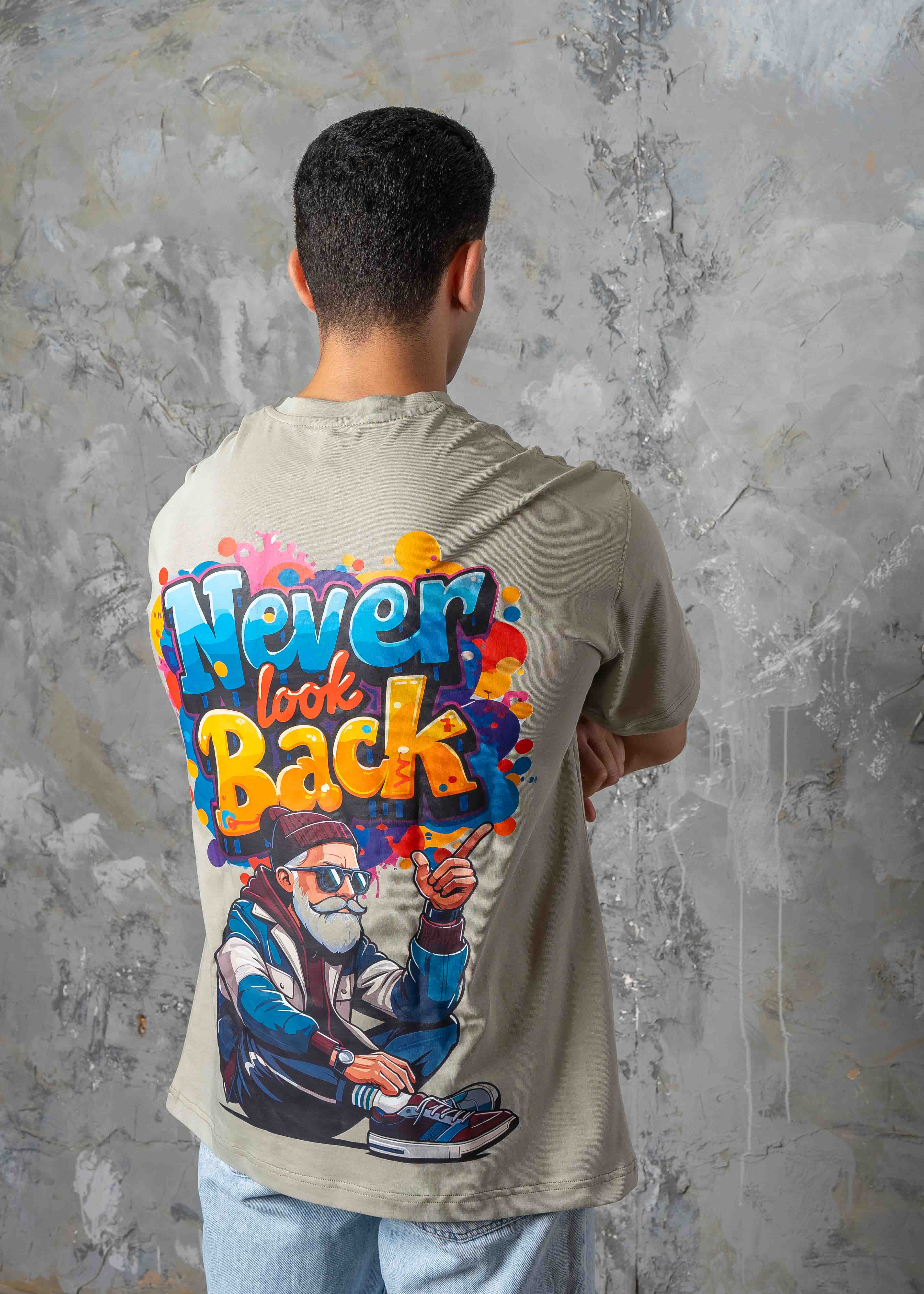Oversized Back Graphic Print T-Shirt - Light Khaki