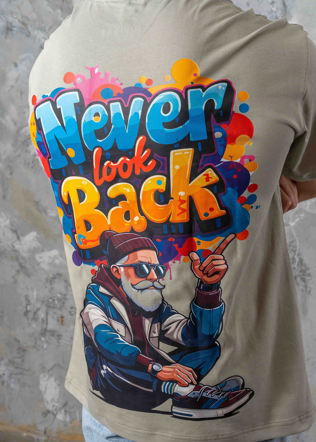 Oversized Back Graphic Print T-Shirt - Light Khaki