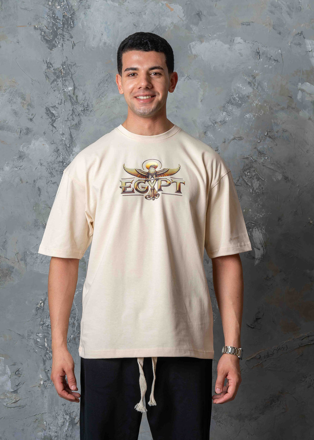 Oversized Egyptian Graphic T-Shirt - beige