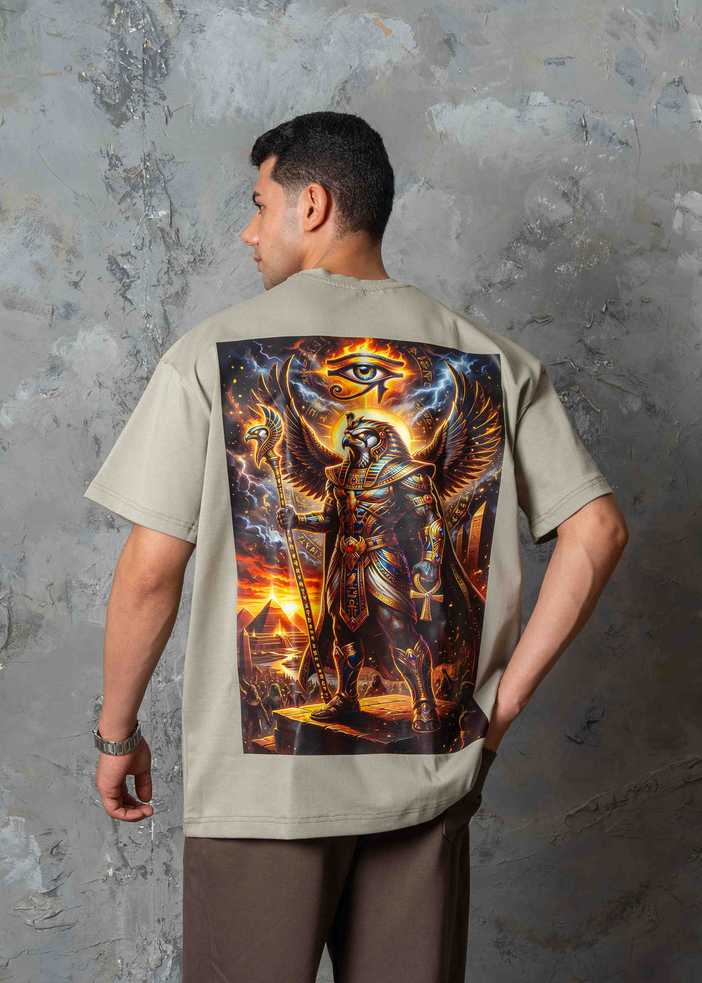 Oversized Horus Egyptian Graphic T-Shirt - khaki