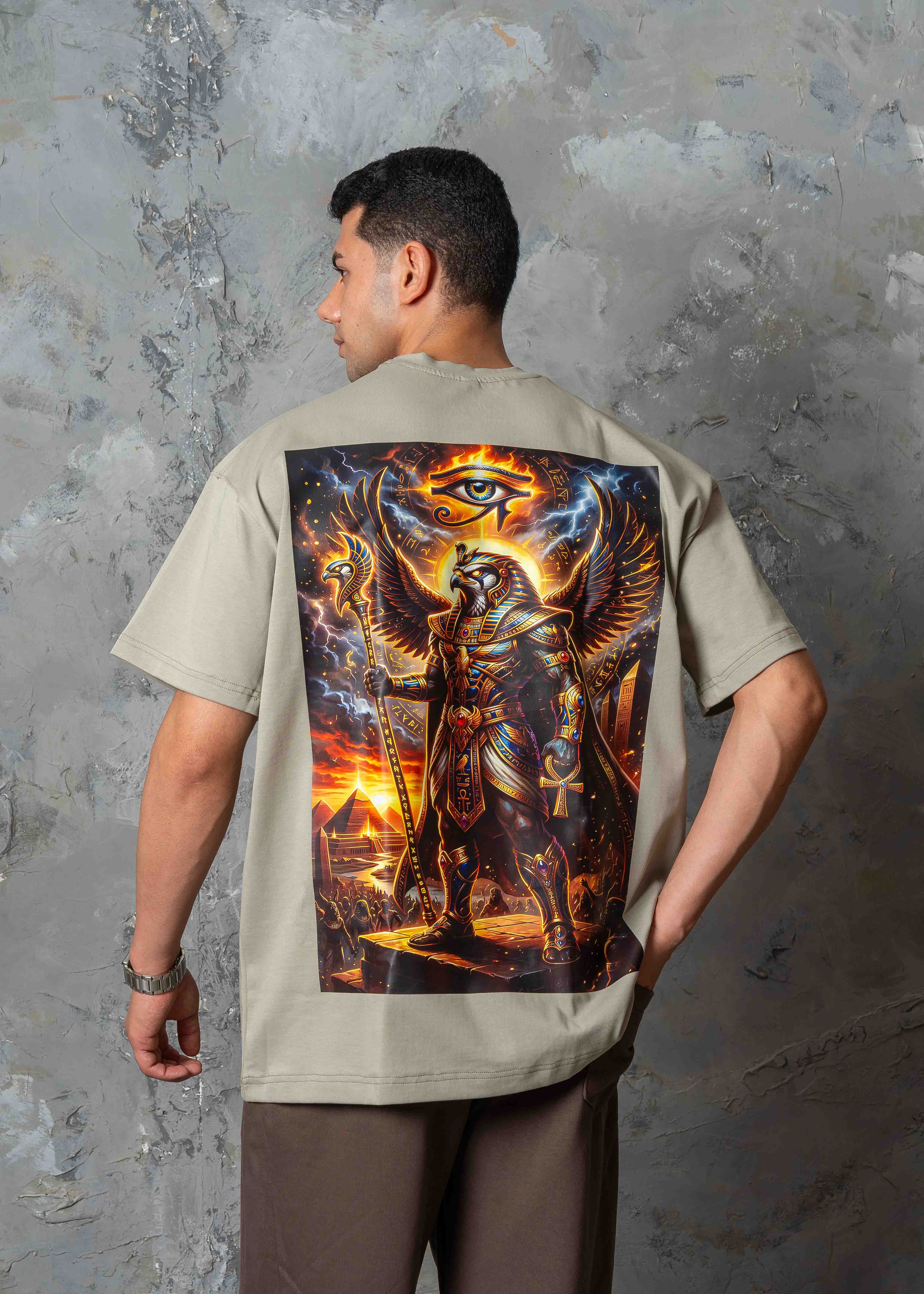 Oversized Horus Egyptian Graphic T-Shirt - khaki