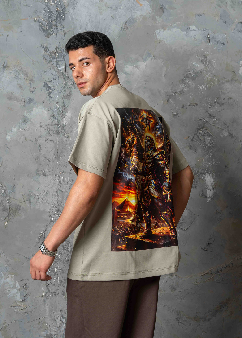 Oversized Horus Egyptian Graphic T-Shirt - khaki