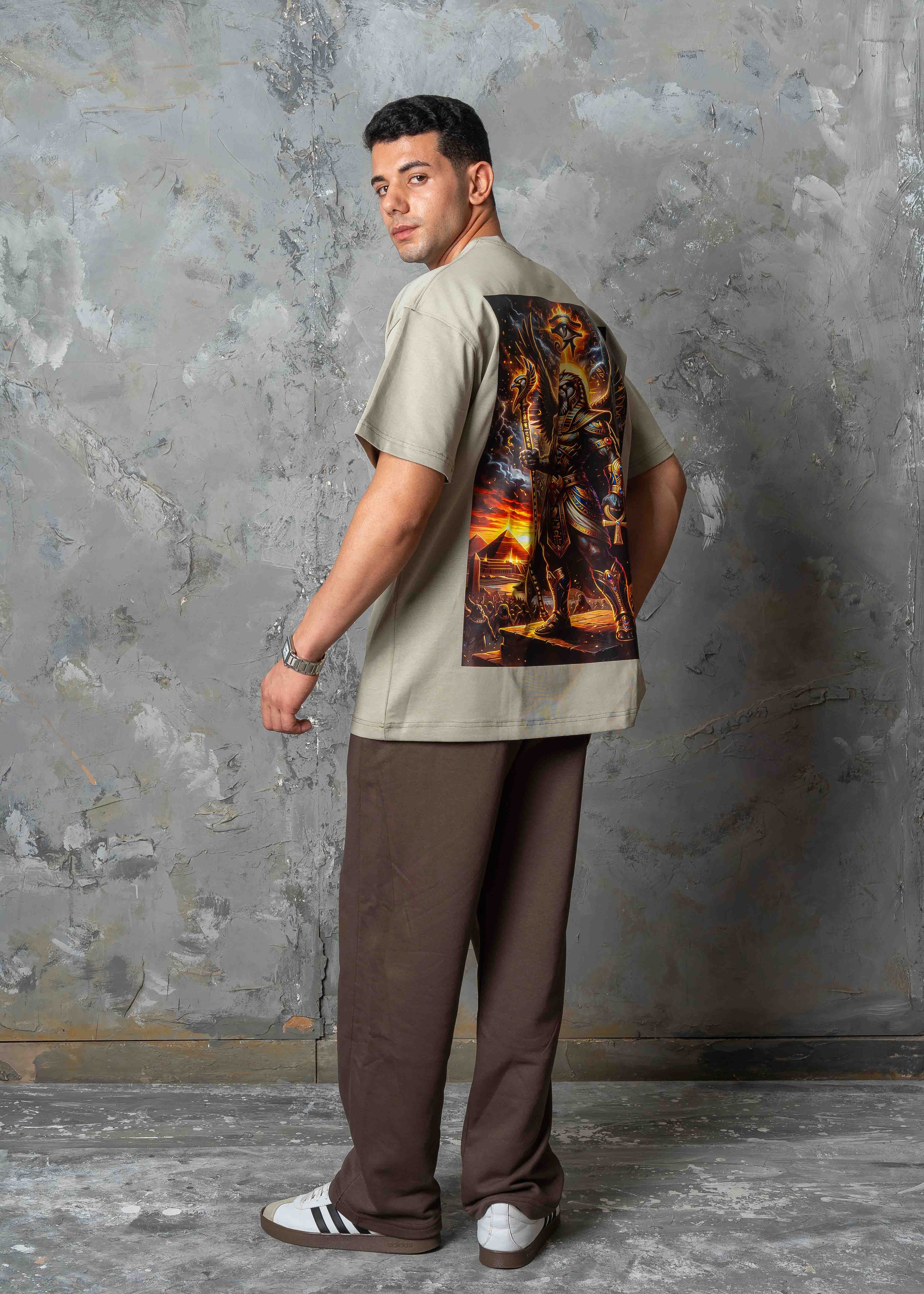 Oversized Horus Egyptian Graphic T-Shirt - khaki
