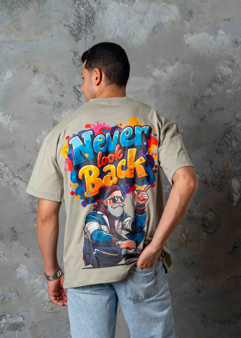 Never Look Back Graphic Oversized T-Shirt - khaki