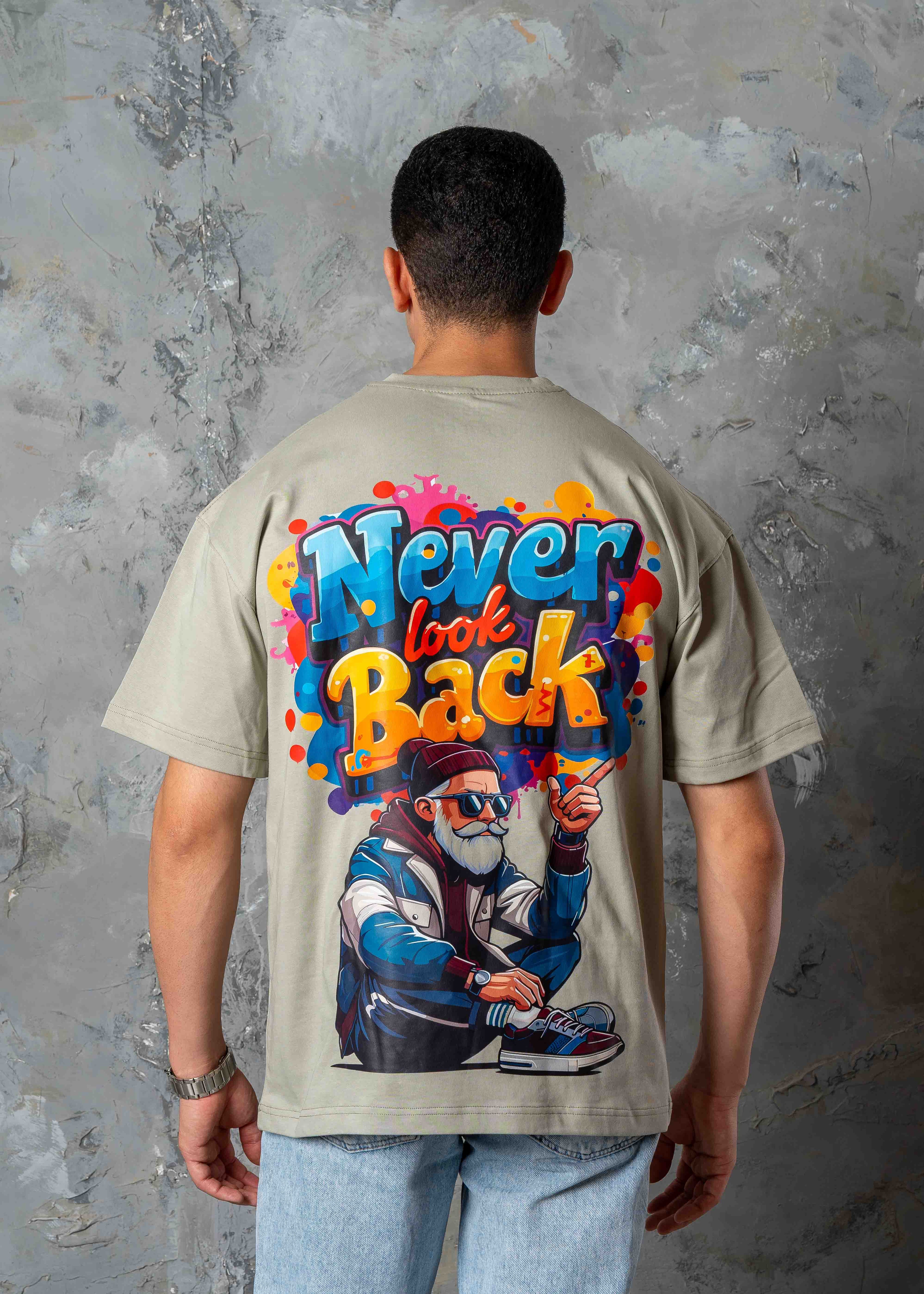 Never Look Back Graphic Oversized T-Shirt - khaki