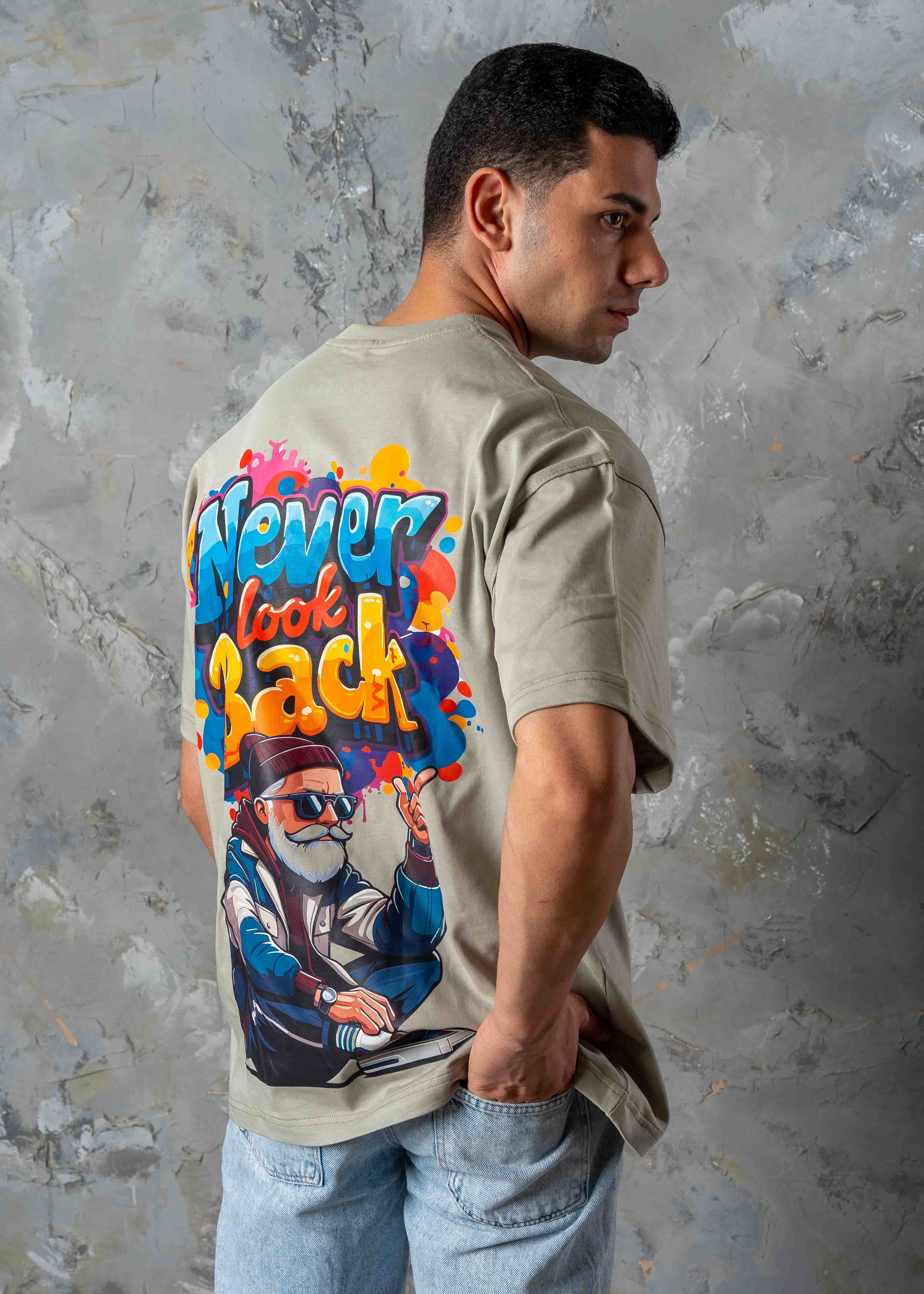 Never Look Back Graphic Oversized T-Shirt - khaki
